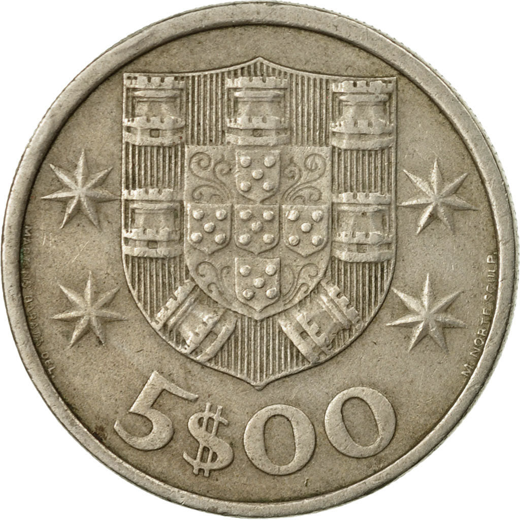Moneta, Portugal, 5 Escudos, 1973, EF(40-45), Miedź-Nikiel, KM:591