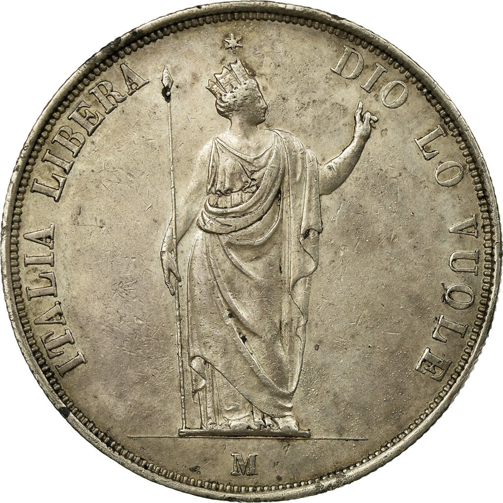 Coin, ITALIAN STATES, LOMBARDY-VENETIA, 5 Lire, 1848, Milan, AU(50-53), Silver