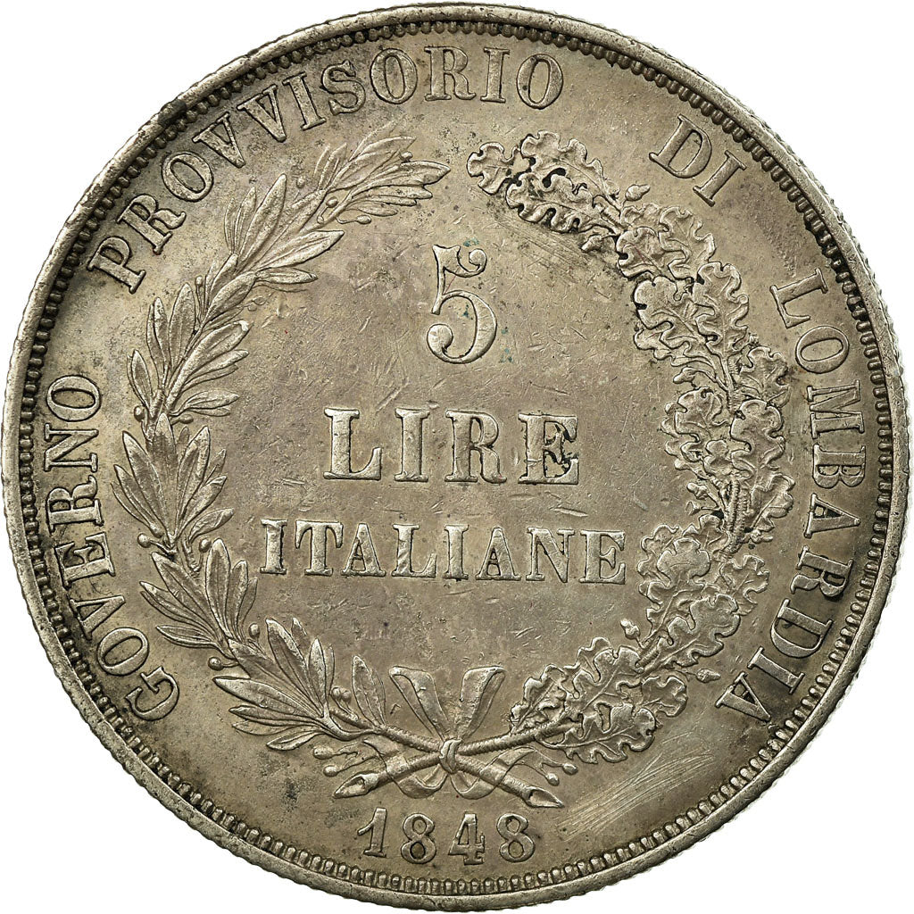 Coin, ITALIAN STATES, LOMBARDY-VENETIA, 5 Lire, 1848, Milan, AU(50-53), Silver