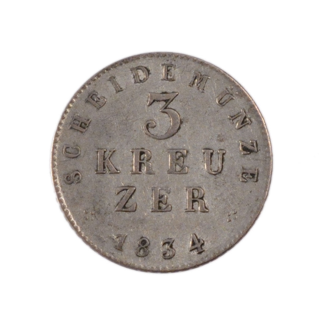 Coin, German States, HESSE-DARMSTADT, Ludwig II, 3 Kreuzer, 1834, AU(50-53)