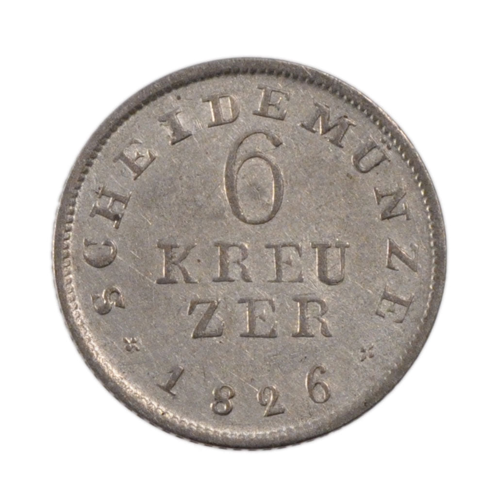 Moneta, Landy niemieckie, HESSE-DARMSTADT, Ludwig X, 6 Kreuzer, 1826, AU(50-53)