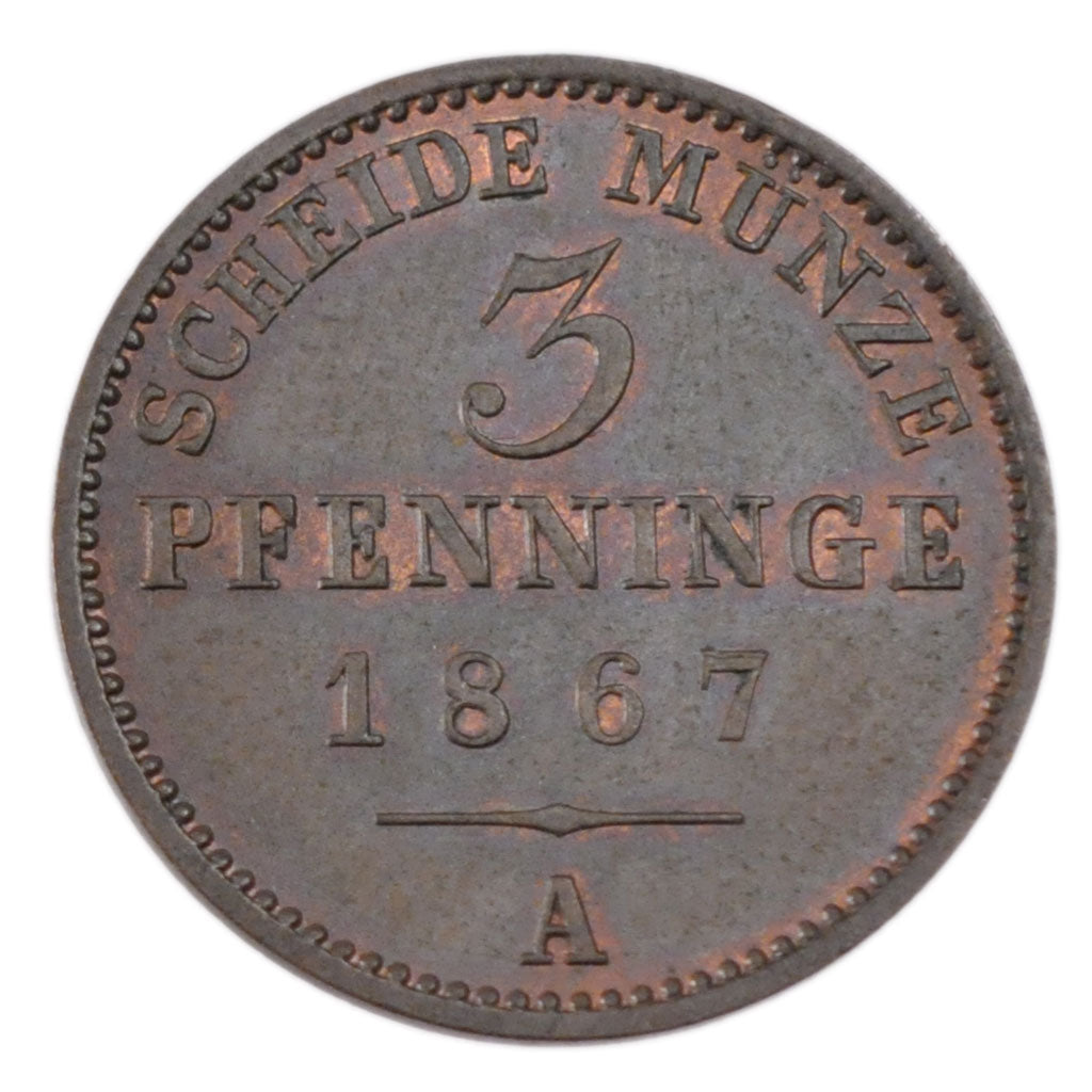 Monnaie, Etats allemands, PRUSSIA, Wilhelm I, 3 Pfennig, 1867, SUP, Cuivre