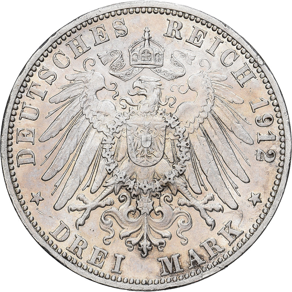 Coin, German States, BADEN, Friedrich II, 3 Mark, 1912, Stuttgart, AU(50-53)