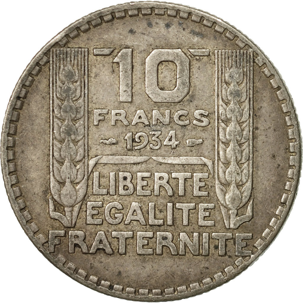 Moneda, Francia, Turin, 10 Francs, 1934, Paris, BC+, Plata, KM:878, Gadoury:801