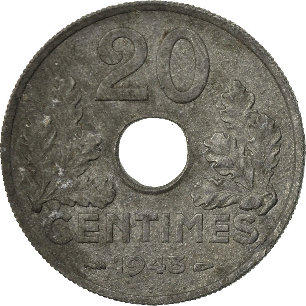 Moneta, Francia, État français, 20 Centimes, 1943, Paris, MB+, Zinco