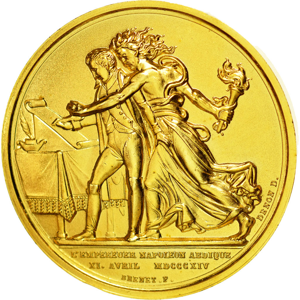 France, Medal, L'Empereur Napoléon Abdique, Denon, Restrike, MS(64), Gilt