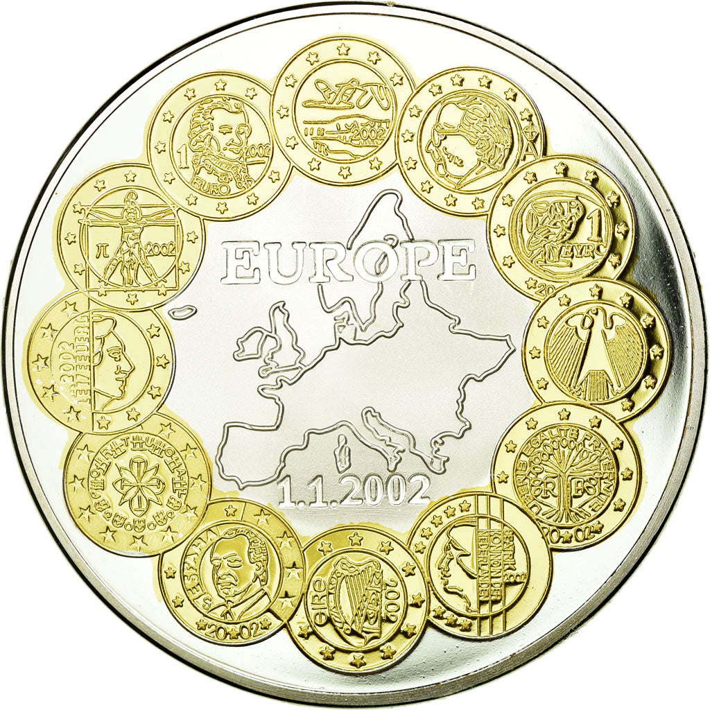 Frankrijk, Medaille, l'Union Monétaire Européenne, 2002, FDC, Verzilverd koper