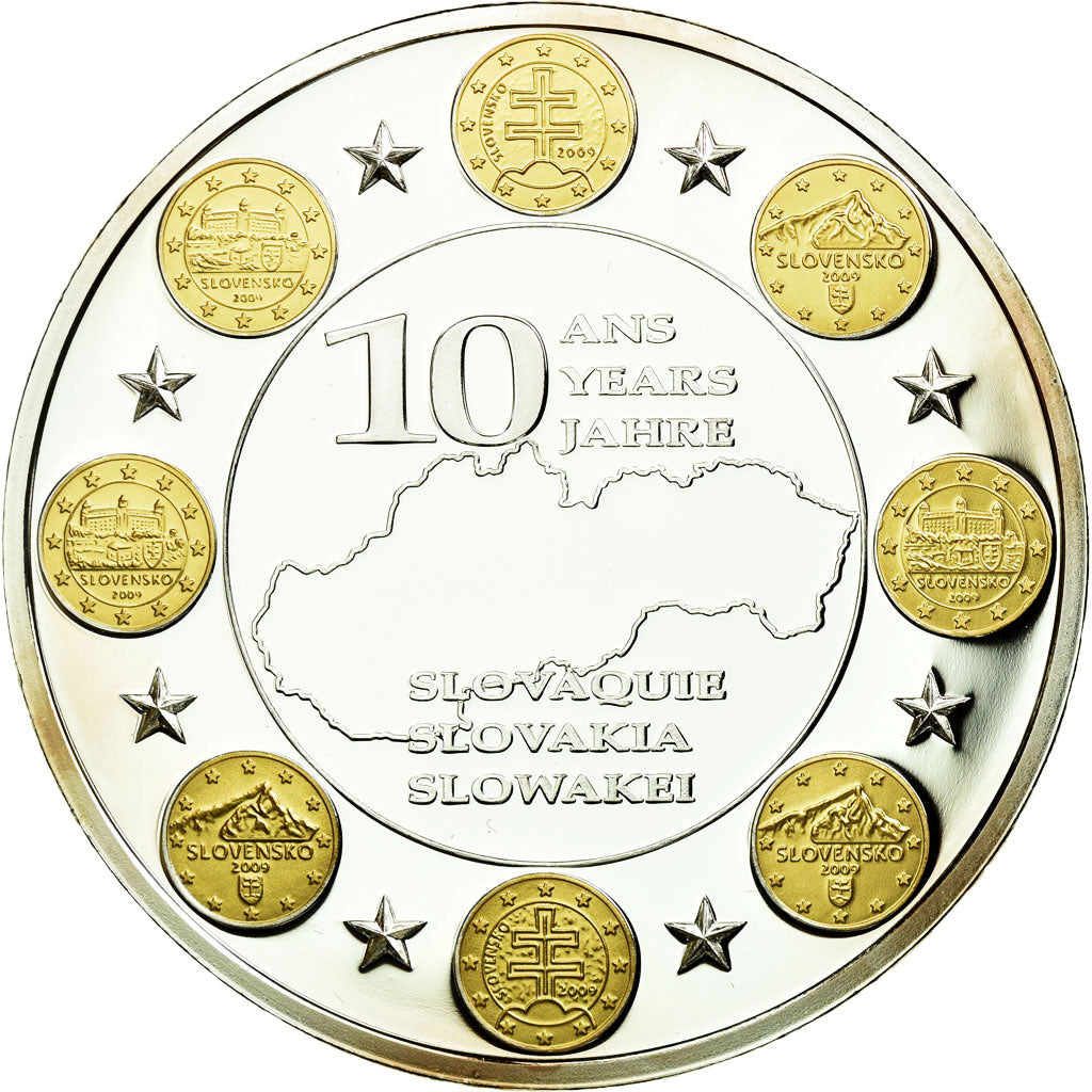 France, Medal, 10 Ans de l'Euro, Slovaquie, MS(65-70), Copper Plated Silver