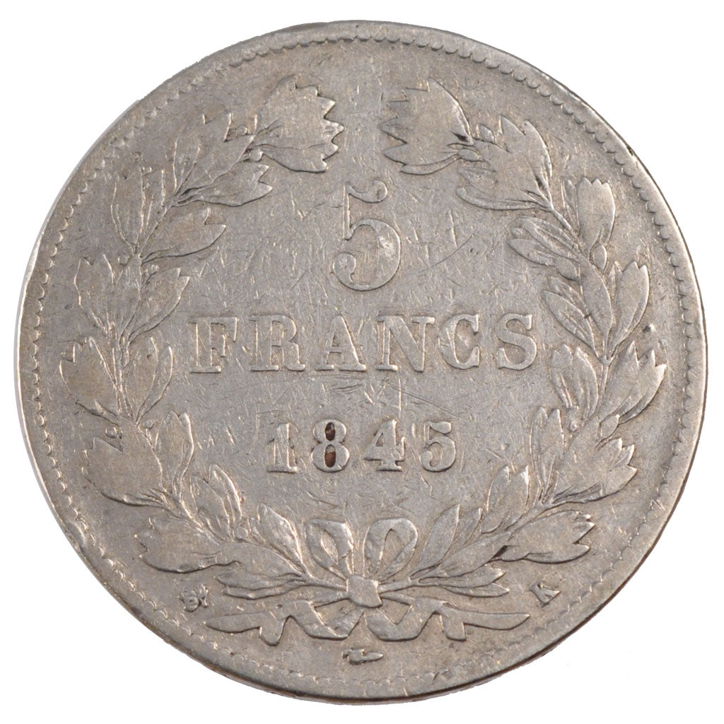 Moneta, Francia, Louis-Philippe, 5 Francs, 1845, Bordeaux, MB, Argento