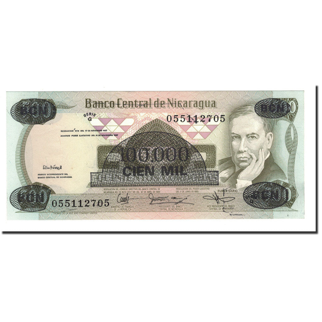 Banknot, Nicaragua, 100,000 Córdobas on 500 Córdobas, D.1987, KM:149