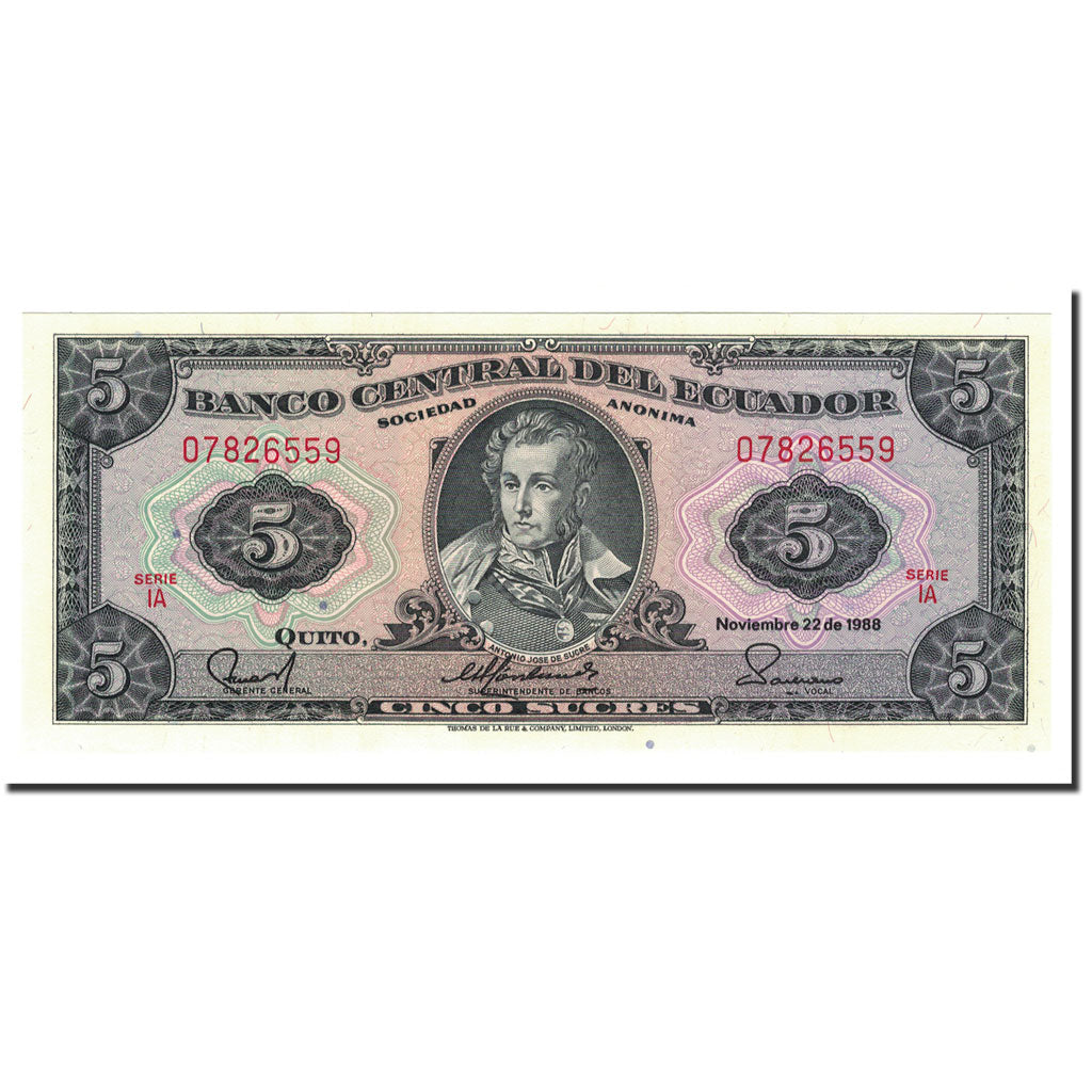 Banknote, Ecuador, 5 Sucres, 1958-88, 1988-11-22, KM:113d, UNC(65-70)