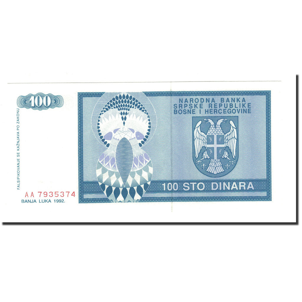 Banknote, Bosnia - Herzegovina, 100 Dinara, 1992, KM:135a, UNC(65-70)