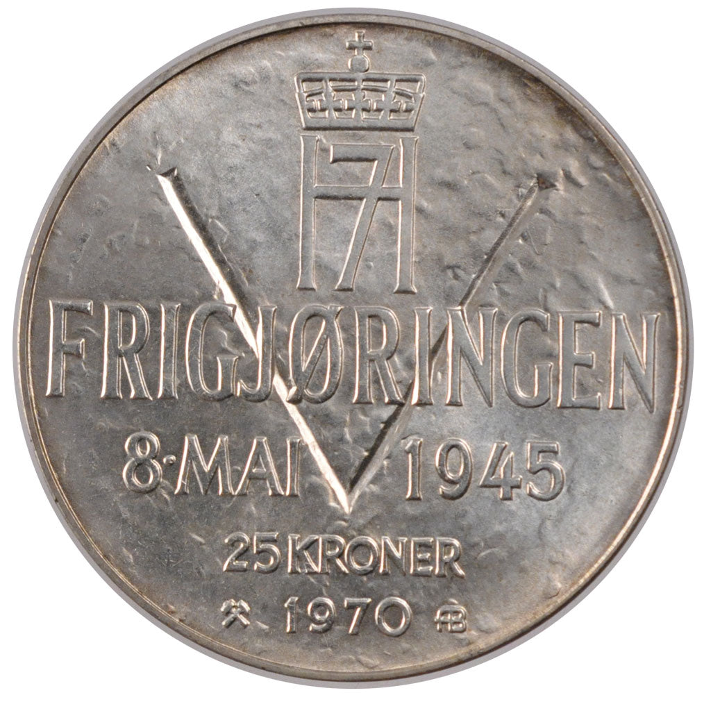 Coin, Norway, Olav V, 25 Kroner, 1970, MS(60-62), Silver, KM:414