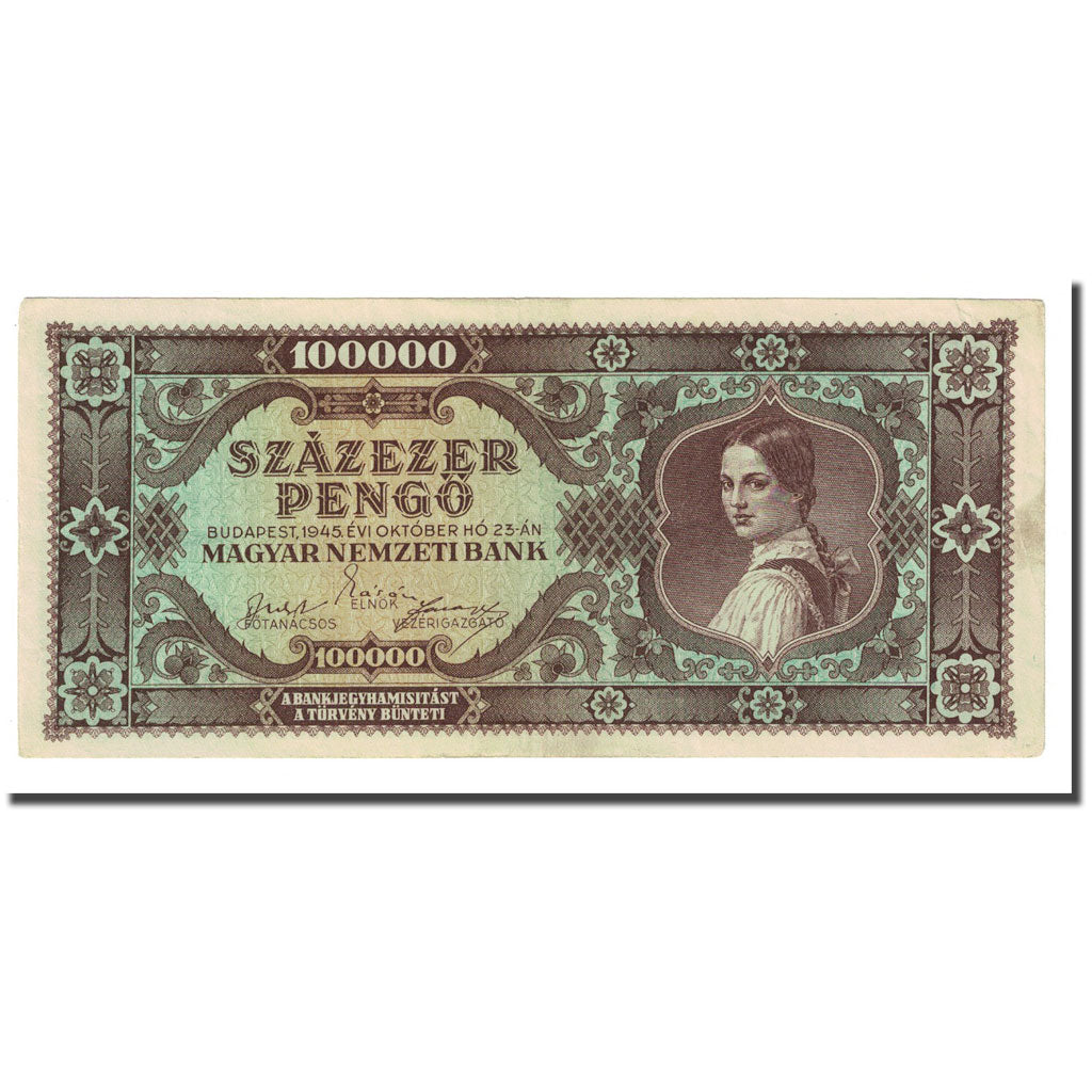 Banknot, Węgry, 100,000 Pengö, 1945, 1945-10-23, KM:121a, EF(40-45)