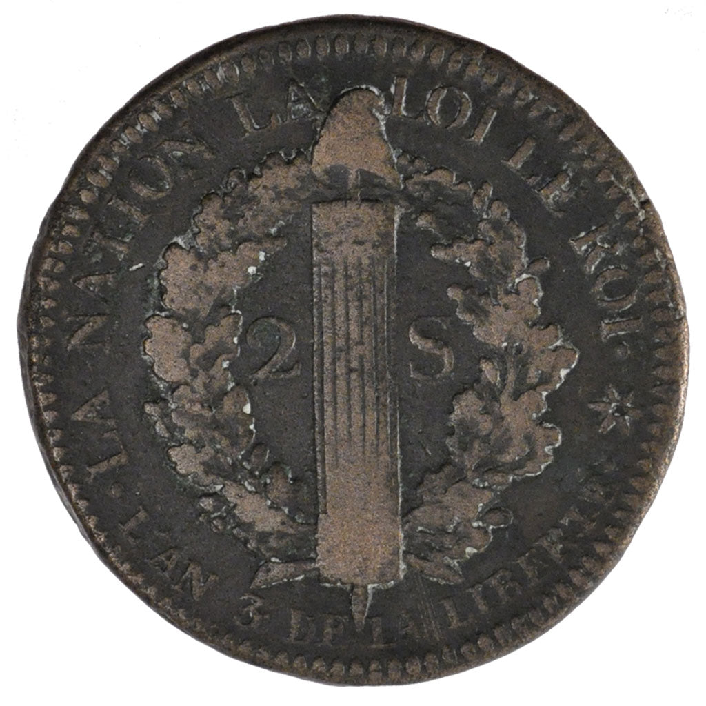 Moneta, Francja, 2 sols françois, 2 Sols, 1791, Strasbourg, VF(20-25), Bronze