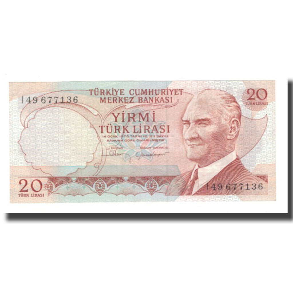 Biljet, Turkije, 20 Lira, L.1970, KM:187b, SPL