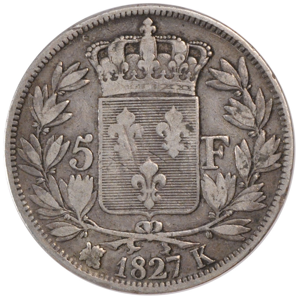 Moneta, Francja, Charles X, 5 Francs, 1827, Bordeaux, VF(30-35), Srebro