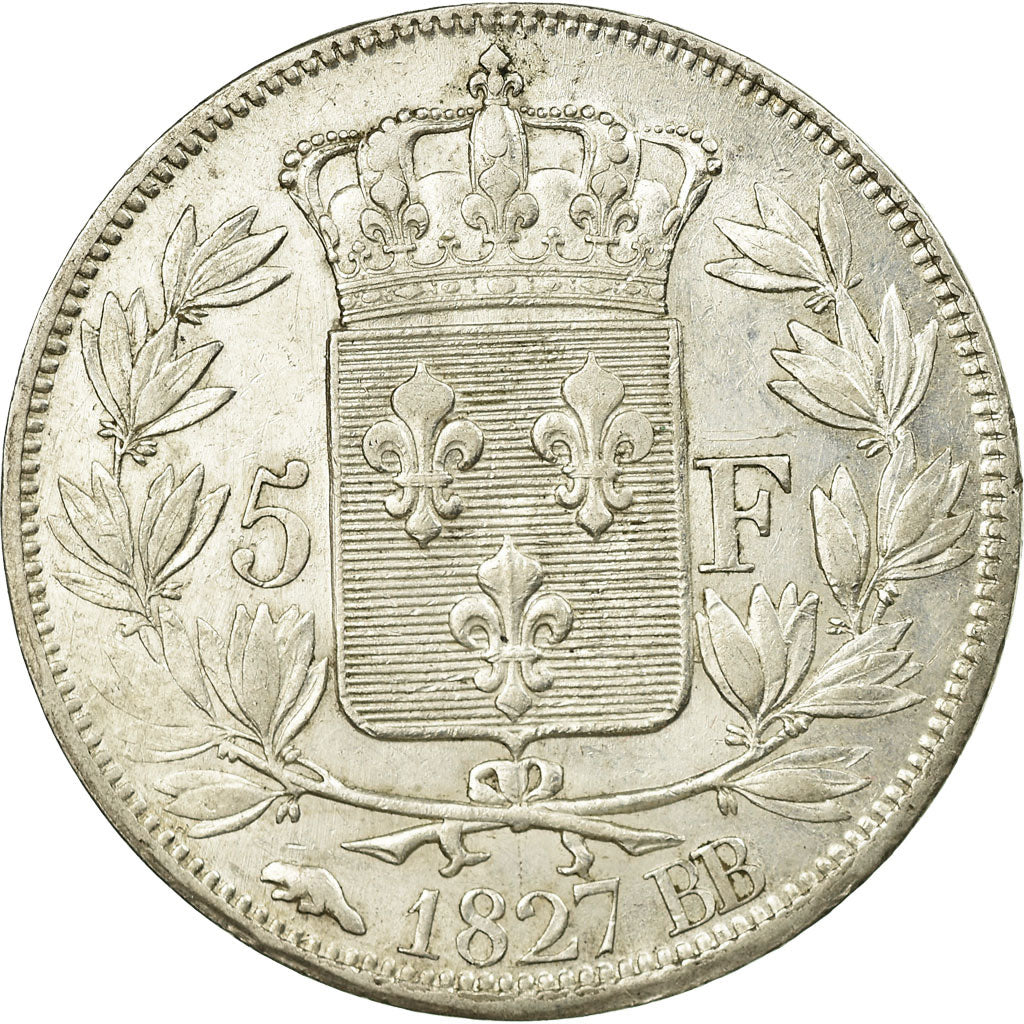 Moneta, Francia, Charles X, 5 Francs, 1827, Strasbourg, BB, Argento, Gadoury:644