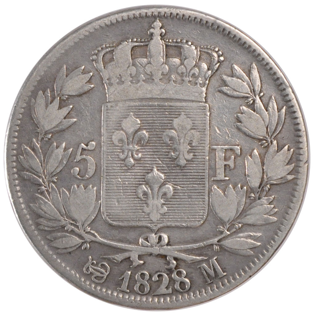 Moneda, Francia, Charles X, 5 Francs, 1828, Toulouse, BC+, Plata, KM:728.9