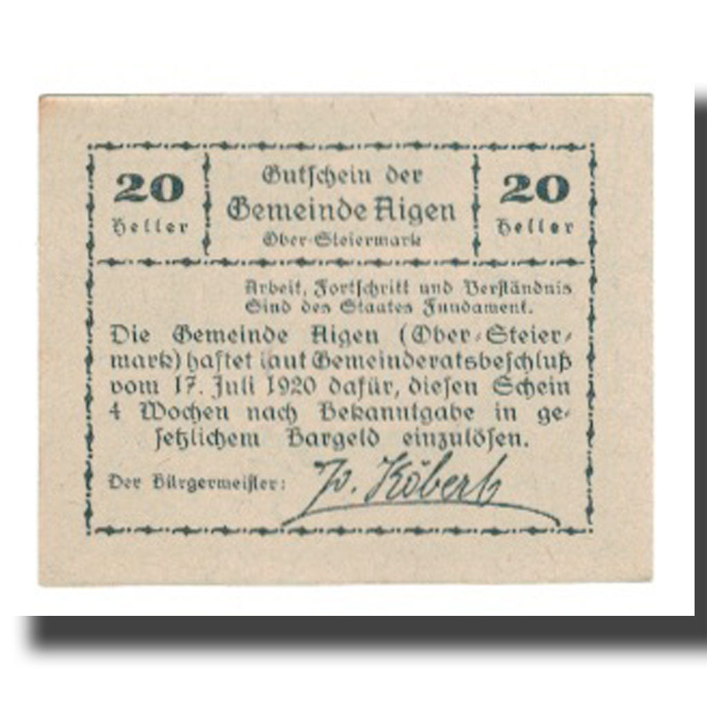Banknote, Austria, Aigen, 20 Heller, Texte, 1920, 1920-07-17, UNC(65-70)