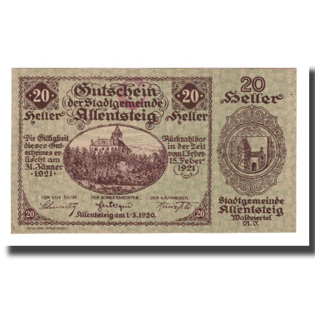 Billete, Austria, Allentsteig, 20 Heller, Blason 1, 1920, 1920-05-01, UNC