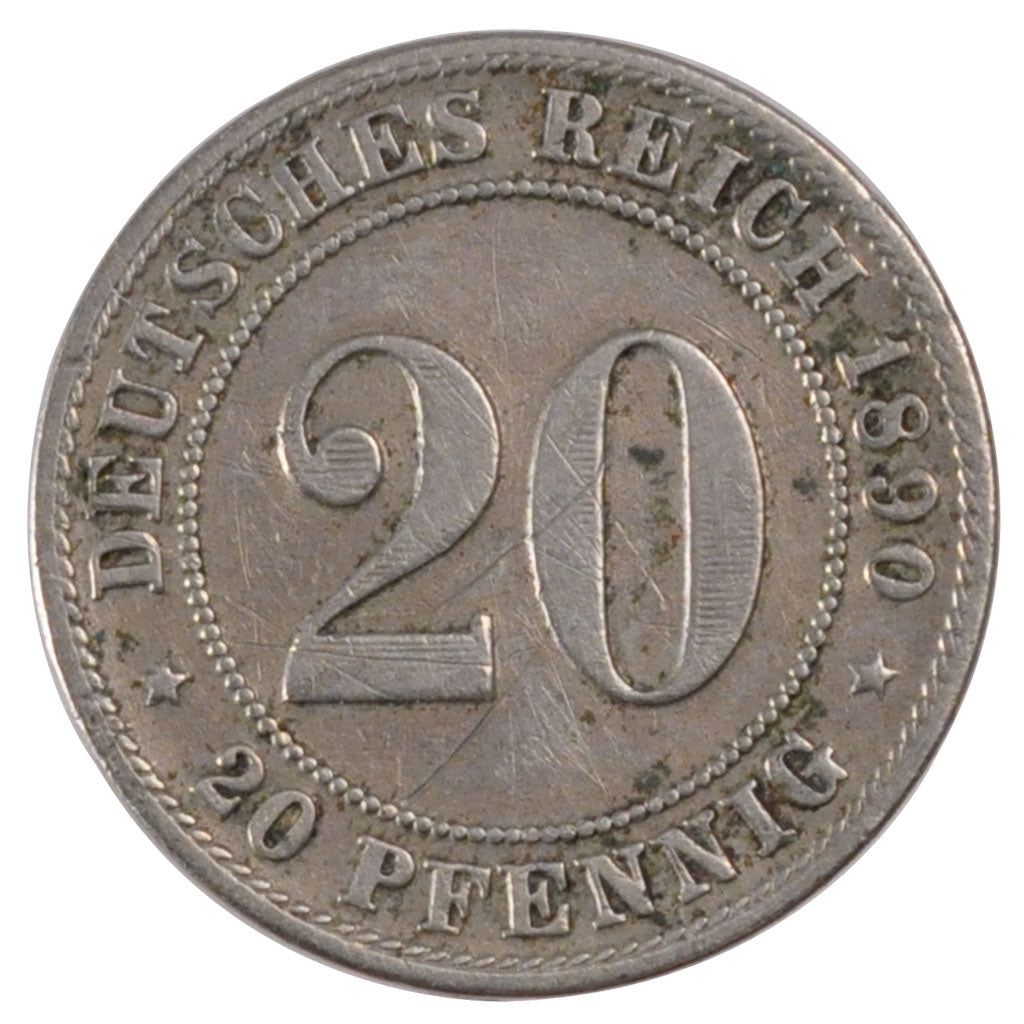 Moneda, ALEMANIA - IMPERIO, 20 Pfennig, 1890, Stuttgart, MBC, Cobre - níquel