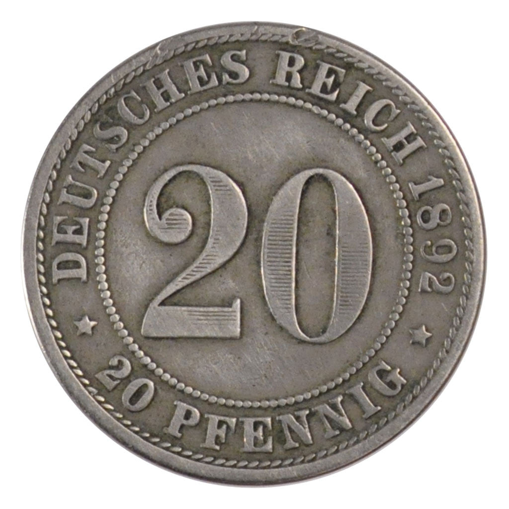 Coin, GERMANY - EMPIRE, 20 Pfennig, 1892, Munich, EF(40-45), Copper-nickel