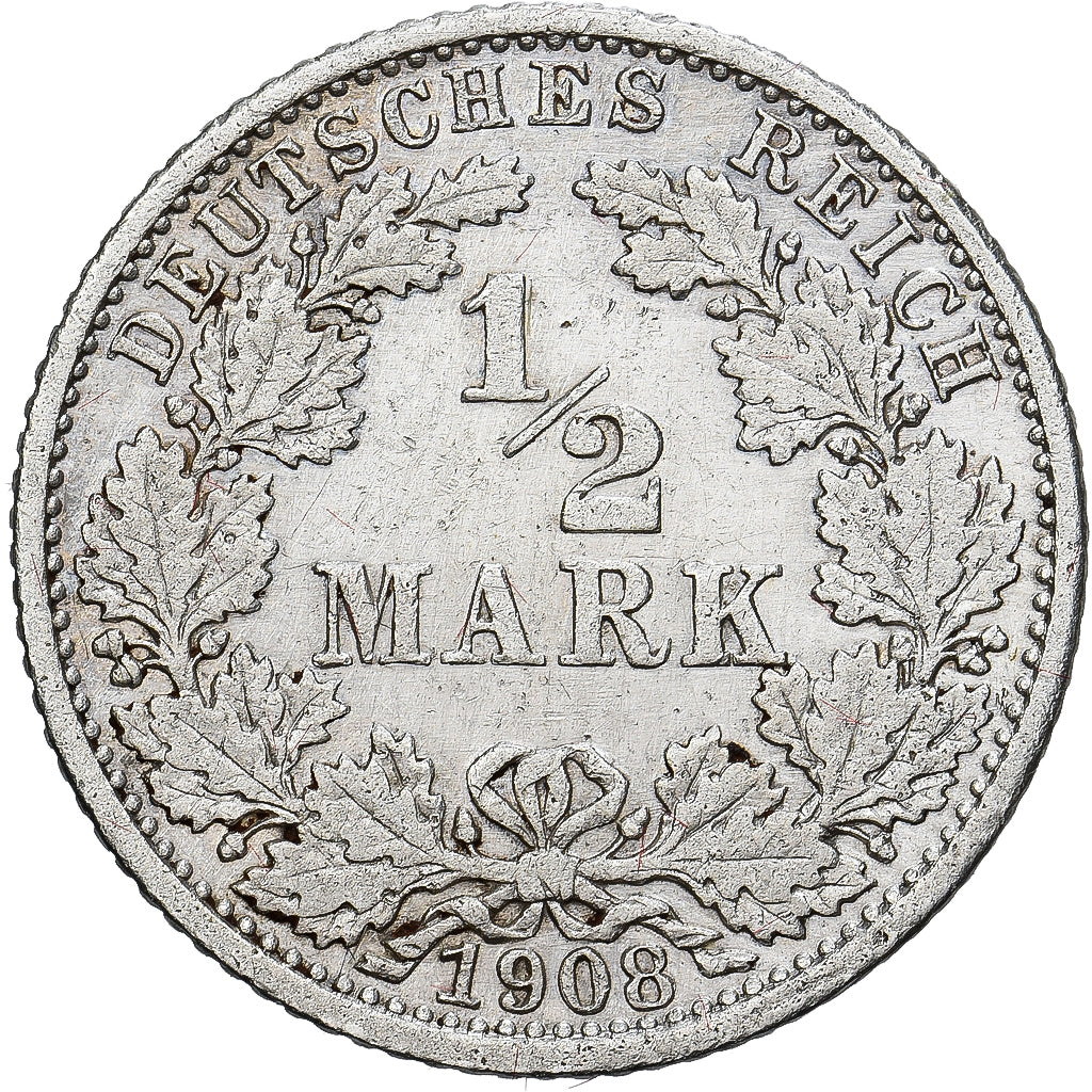 Coin, GERMANY - EMPIRE, 1/2 Mark, 1908, Karlsruhe, AU(50-53), Silver, KM:17