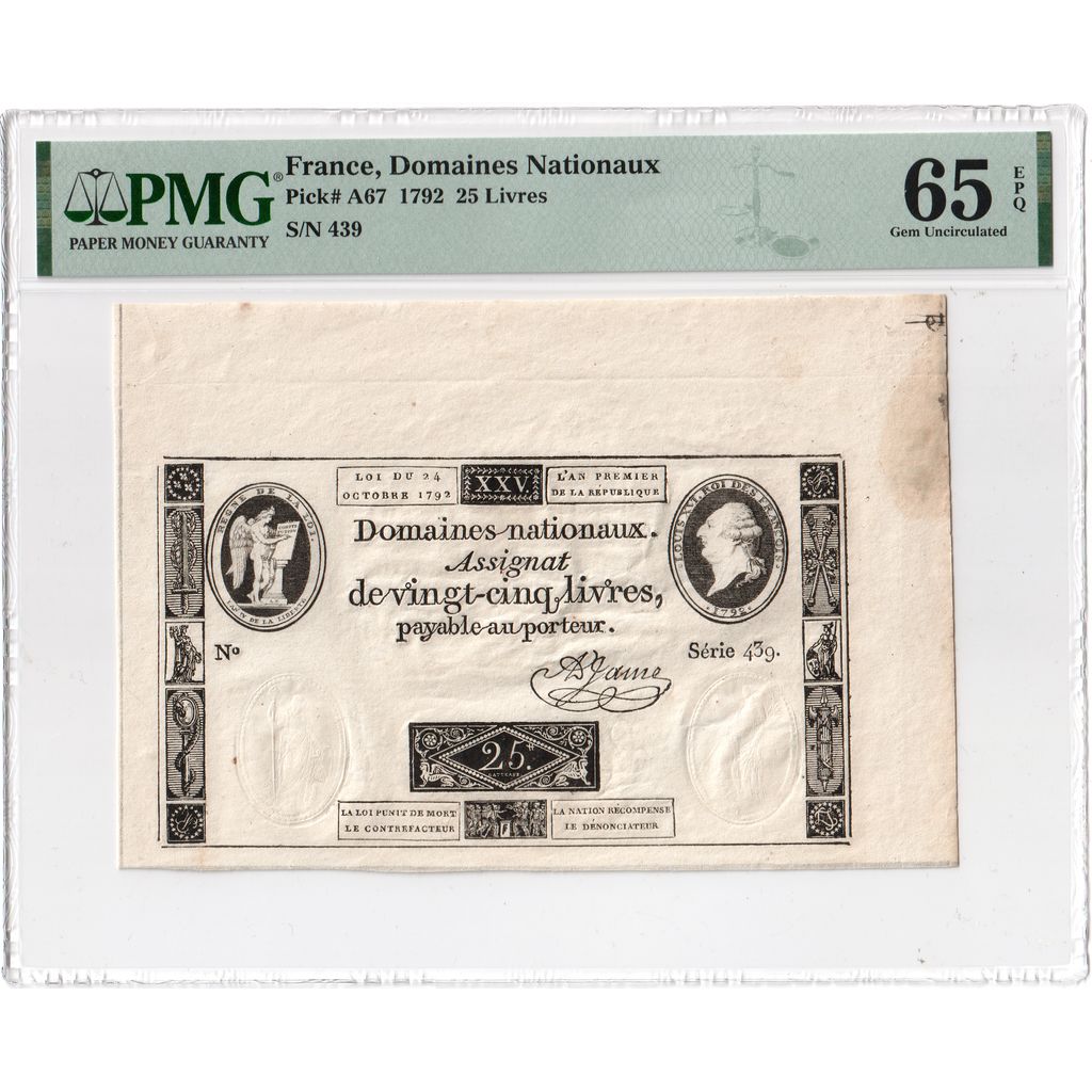 Francia, 25 Livres, 1792-10-24, série 439, UNC 65 EPQ, PMG