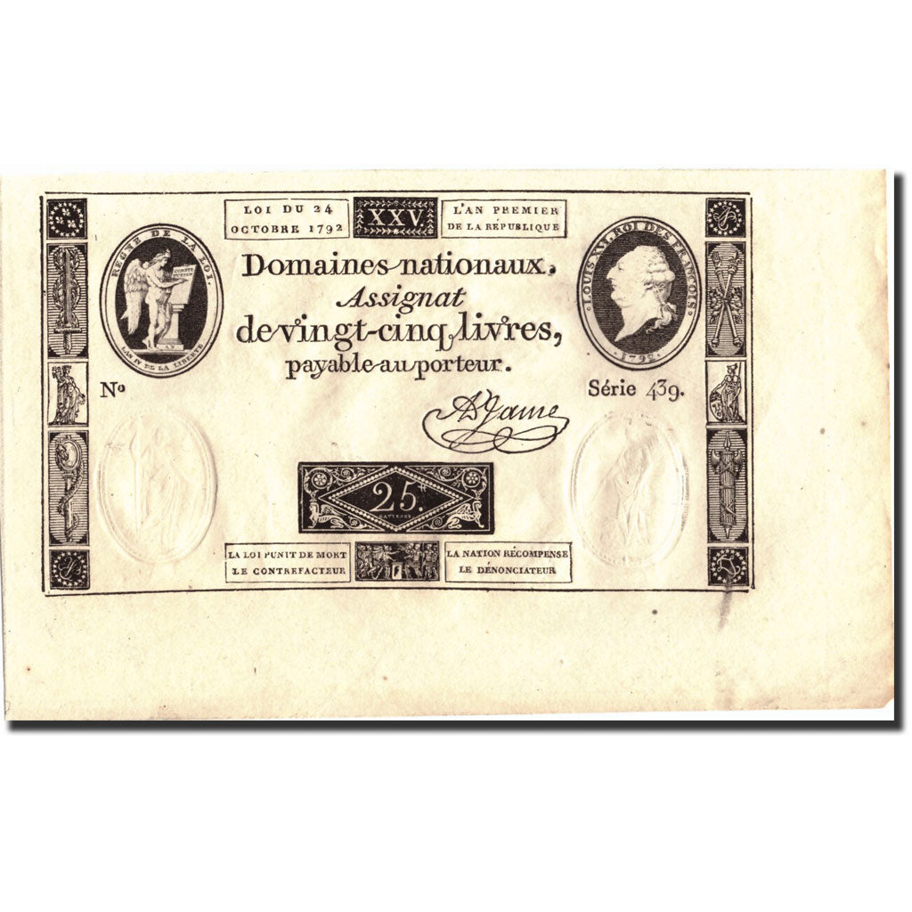 Francia, 25 Livres, 1792-10-24, série 439, UNC 66 EPQ, PMG