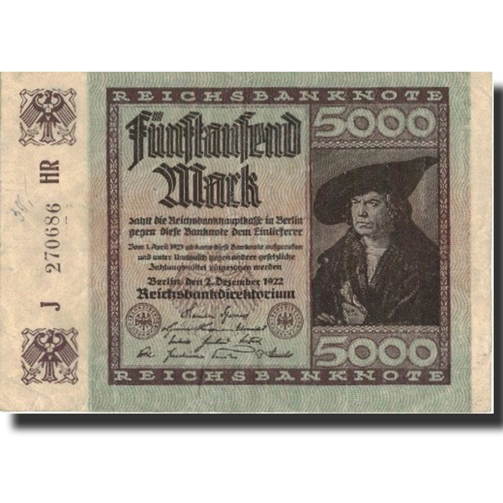 Banknot, Niemcy, 5000 Mark, 1922, 1922-12-02, KM:81e, AU(50-53)