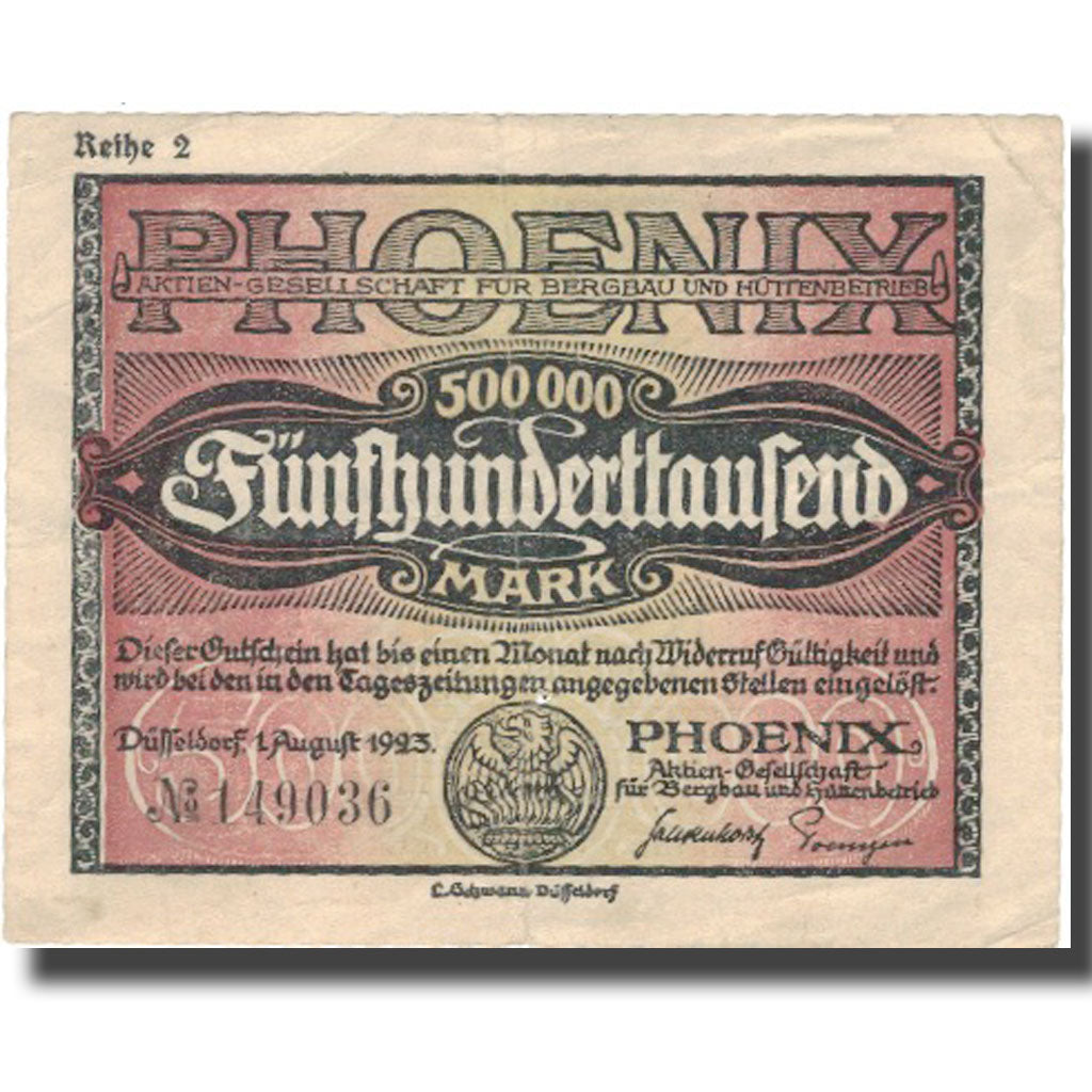 Nota, Alemanha, Düsseldorf, 500000 Mark, Ecusson, 1923, 1923-08-01, VF(20-25)