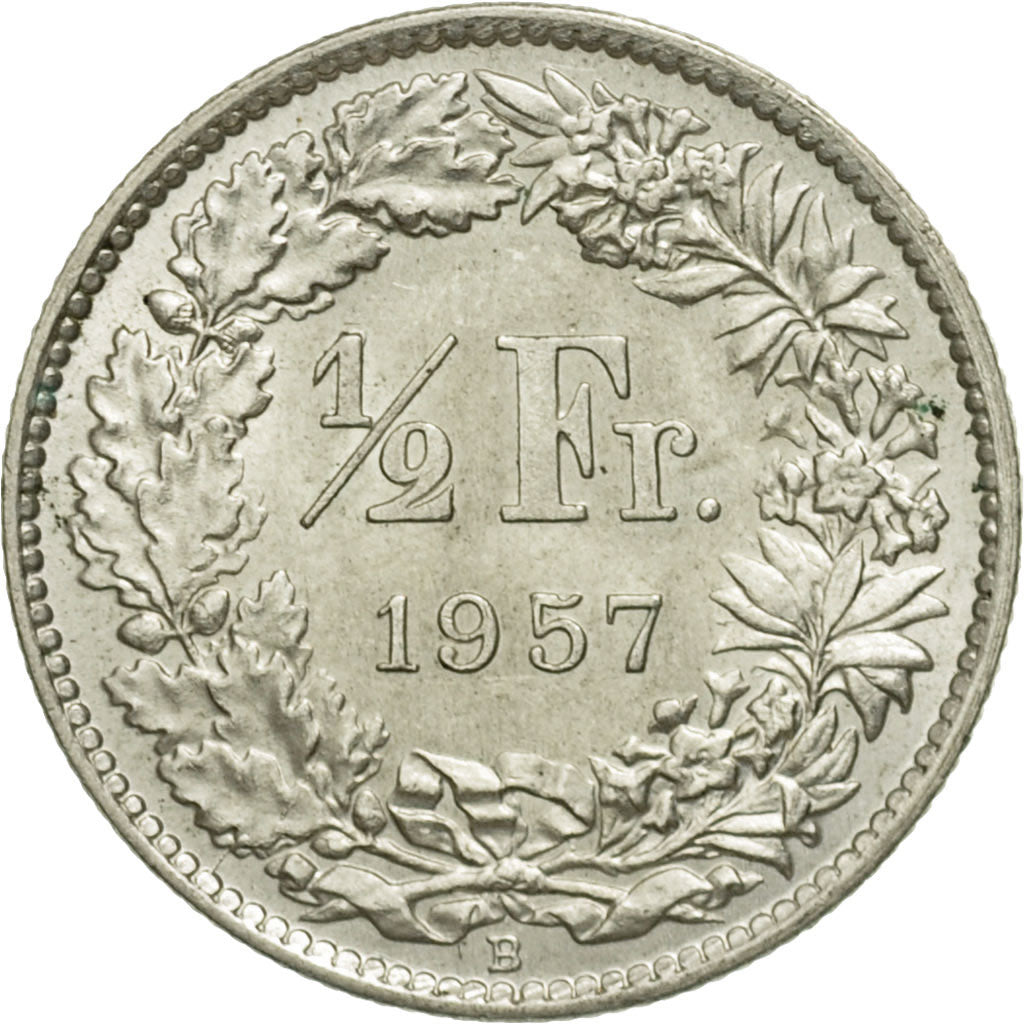 Coin, Switzerland, 1/2 Franc, 1957, Bern, AU(55-58), Silver, KM:23