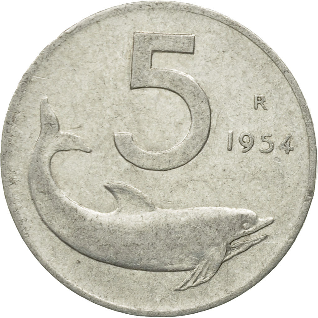 Coin, Italy, 5 Lire, 1954, Rome, VF(30-35), Aluminum, KM:92