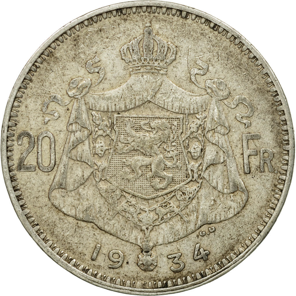 Coin, Belgium, 20 Francs, 20 Frank, 1934, VF(30-35), Silver, KM:103.1