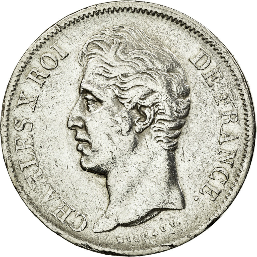 Moneda, Francia, Charles X, 5 Francs, 1827, Bordeaux, BC+, Plata, KM:728.7