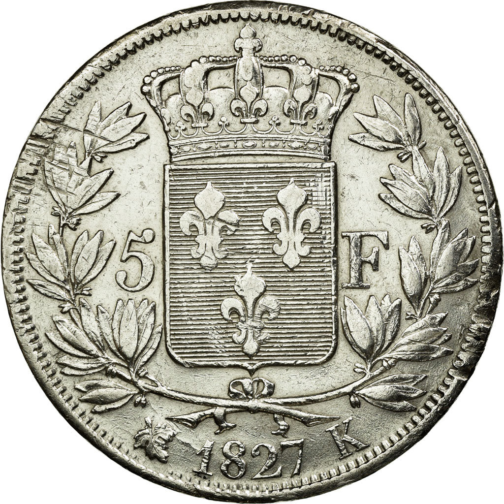 Moneda, Francia, Charles X, 5 Francs, 1827, Bordeaux, BC+, Plata, KM:728.7