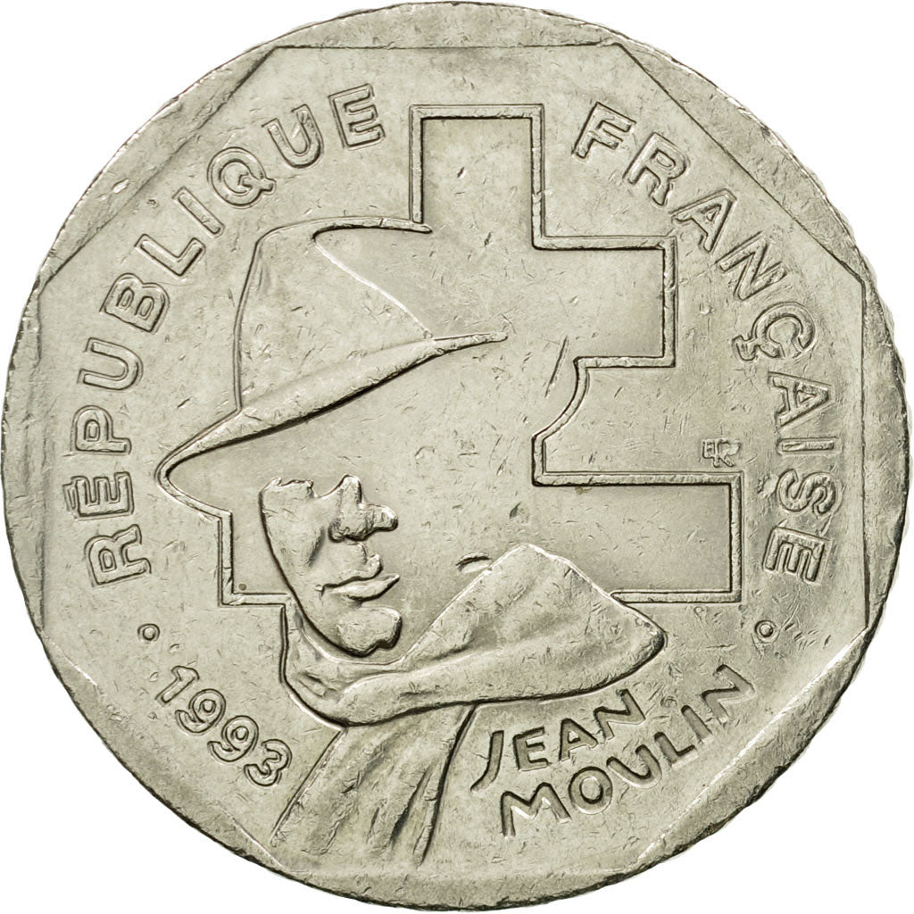 Coin, France, Jean Moulin, 2 Francs, 1993, EF(40-45), Nickel, KM:1062