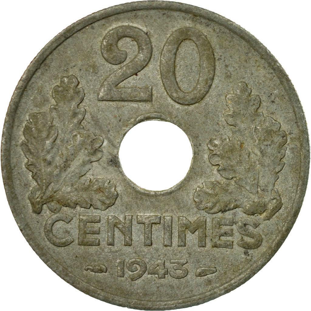 Munten, Frankrijk, État français, 20 Centimes, 1943, Paris, FR+, Zinc