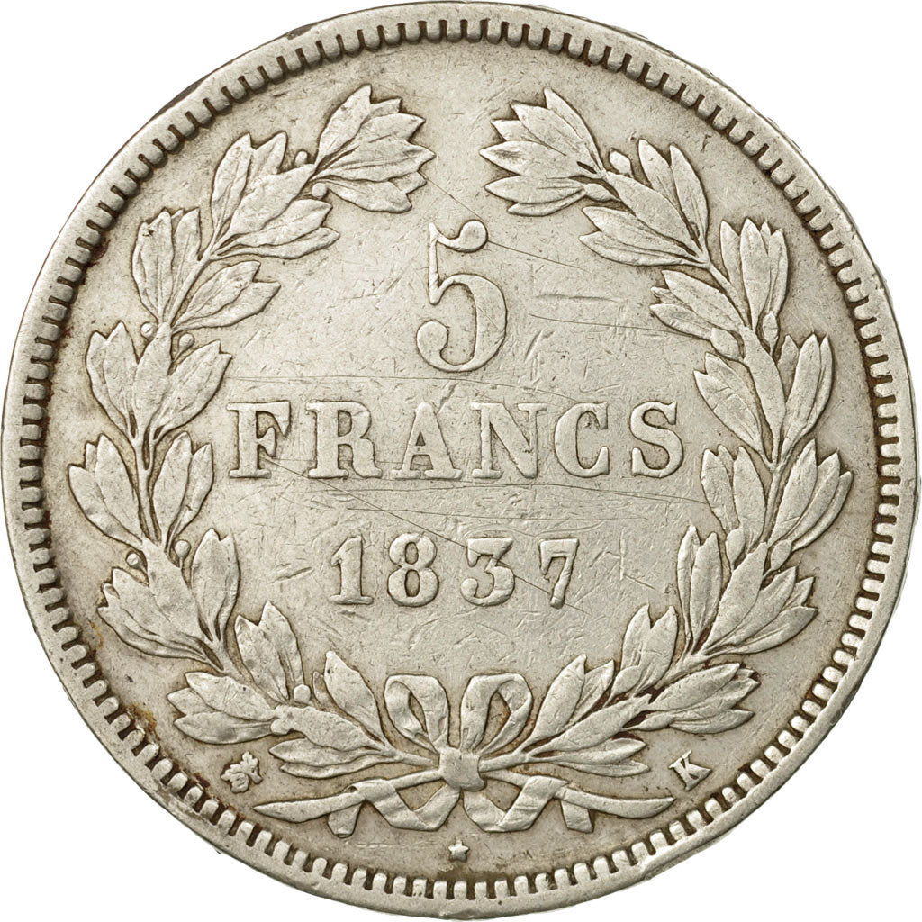 Moneta, Francja, Louis-Philippe, 5 Francs, 1837, Bordeaux, VF(30-35), Srebro