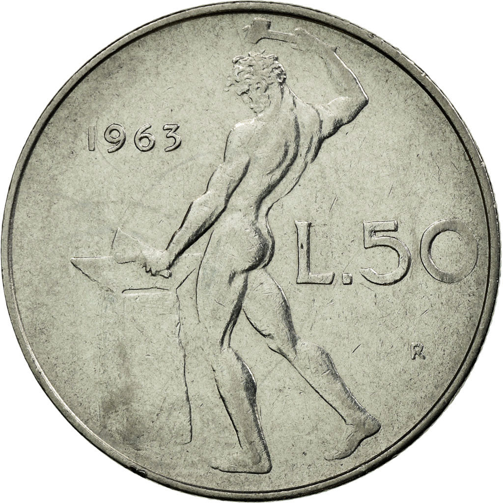 Moneta, Włochy, 50 Lire, 1963, Rome, EF(40-45), Stal nierdzewna, KM:95.1