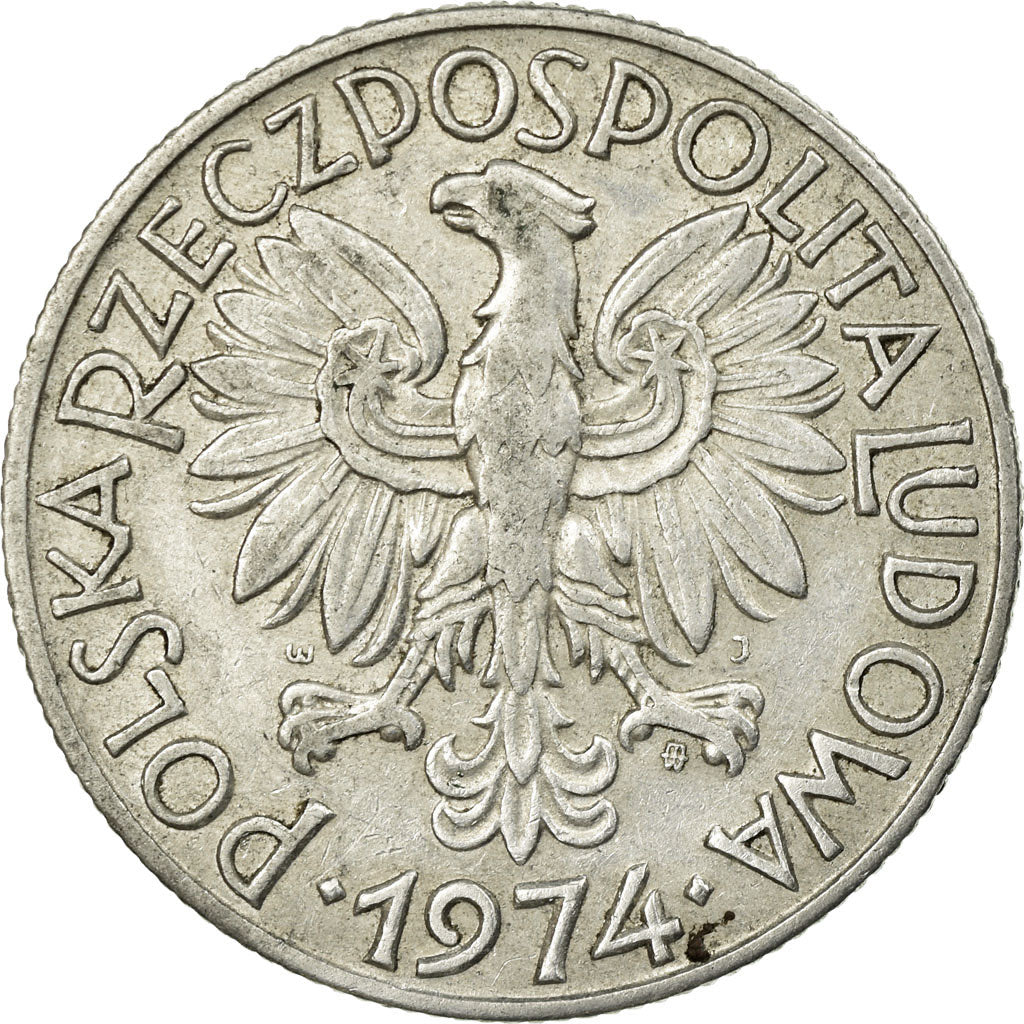 Moneda, Polonia, 5 Zlotych, 1974, Warsaw, BC+, Aluminio, KM:47