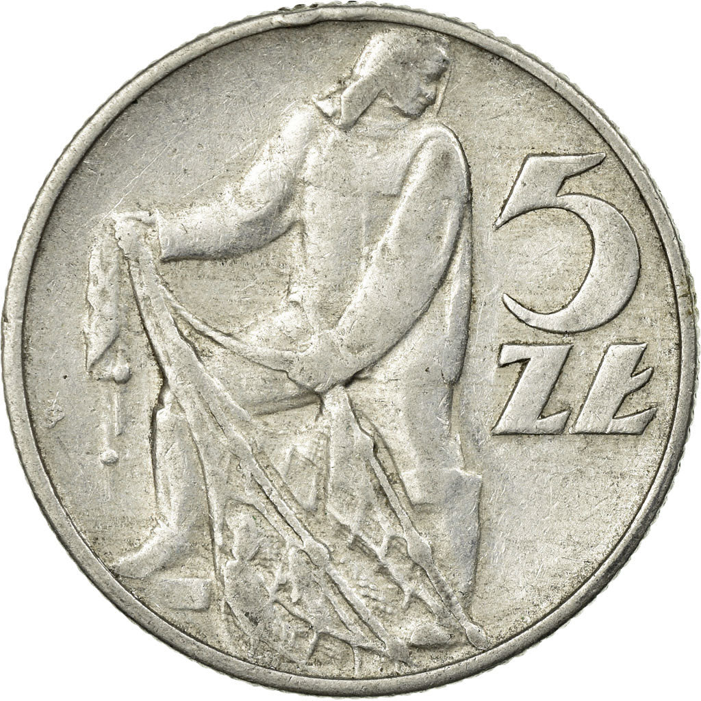 Moneda, Polonia, 5 Zlotych, 1974, Warsaw, BC+, Aluminio, KM:47