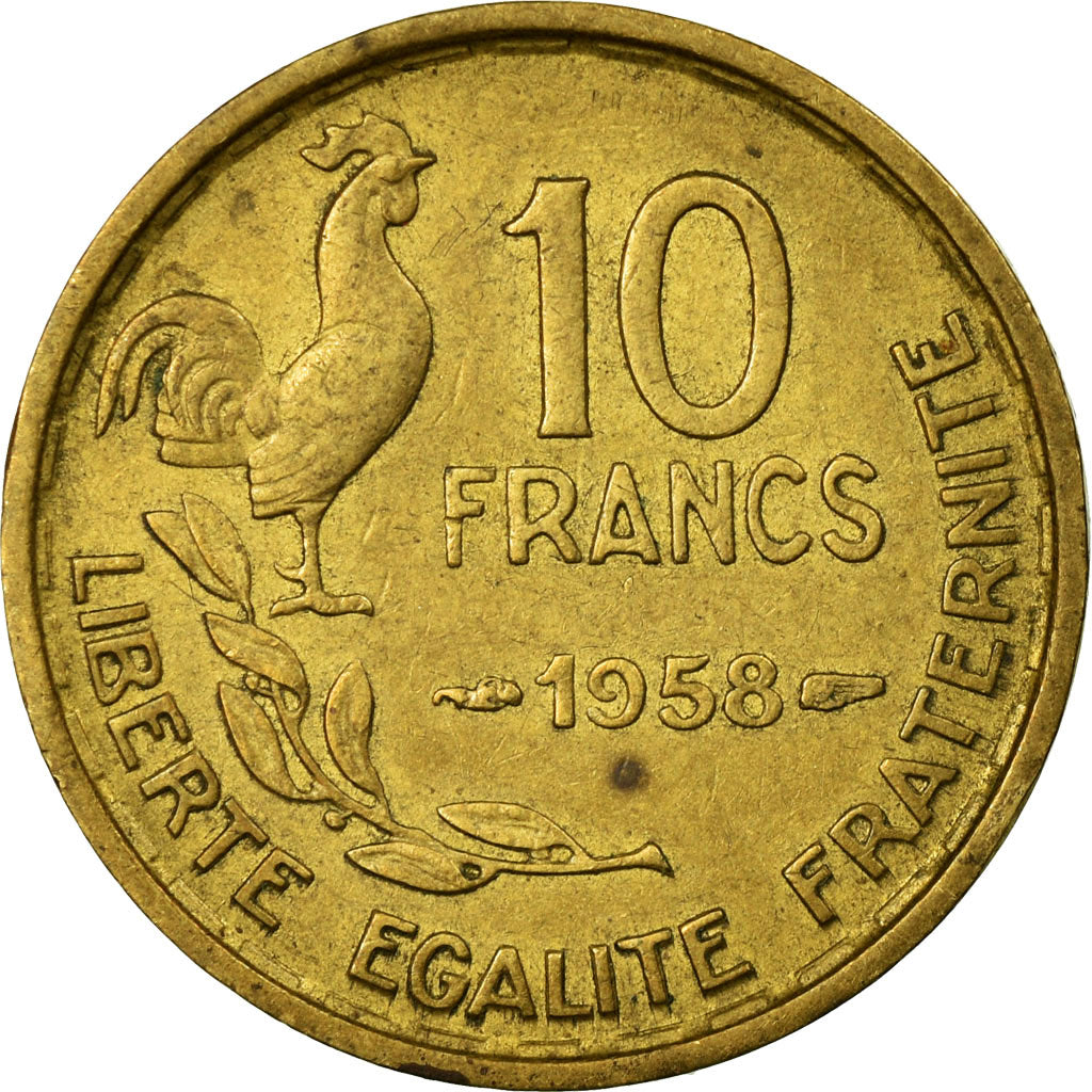 Moneda, Francia, Guiraud, 10 Francs, 1958, Paris, MBC, Aluminio - bronce