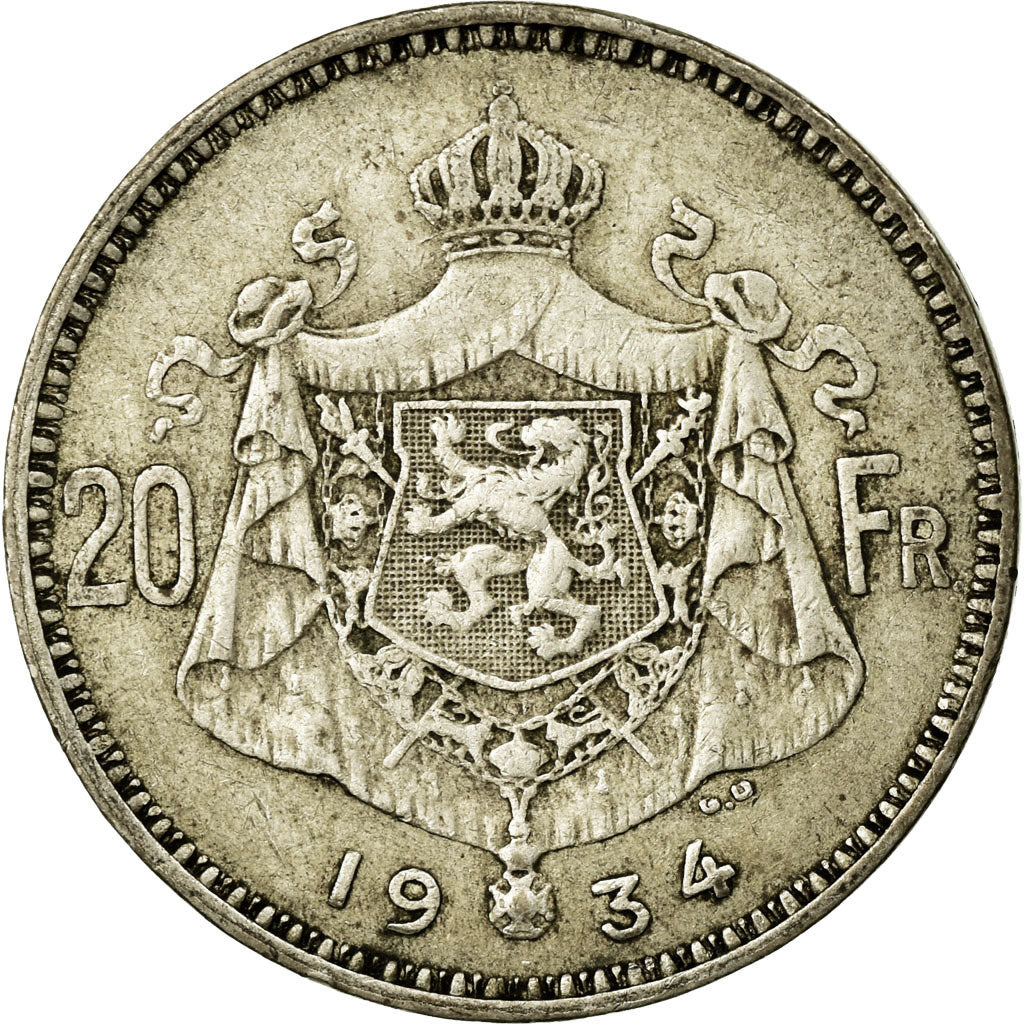 Coin, Belgium, 20 Francs, 20 Frank, 1934, VF(20-25), Silver, KM:103.1