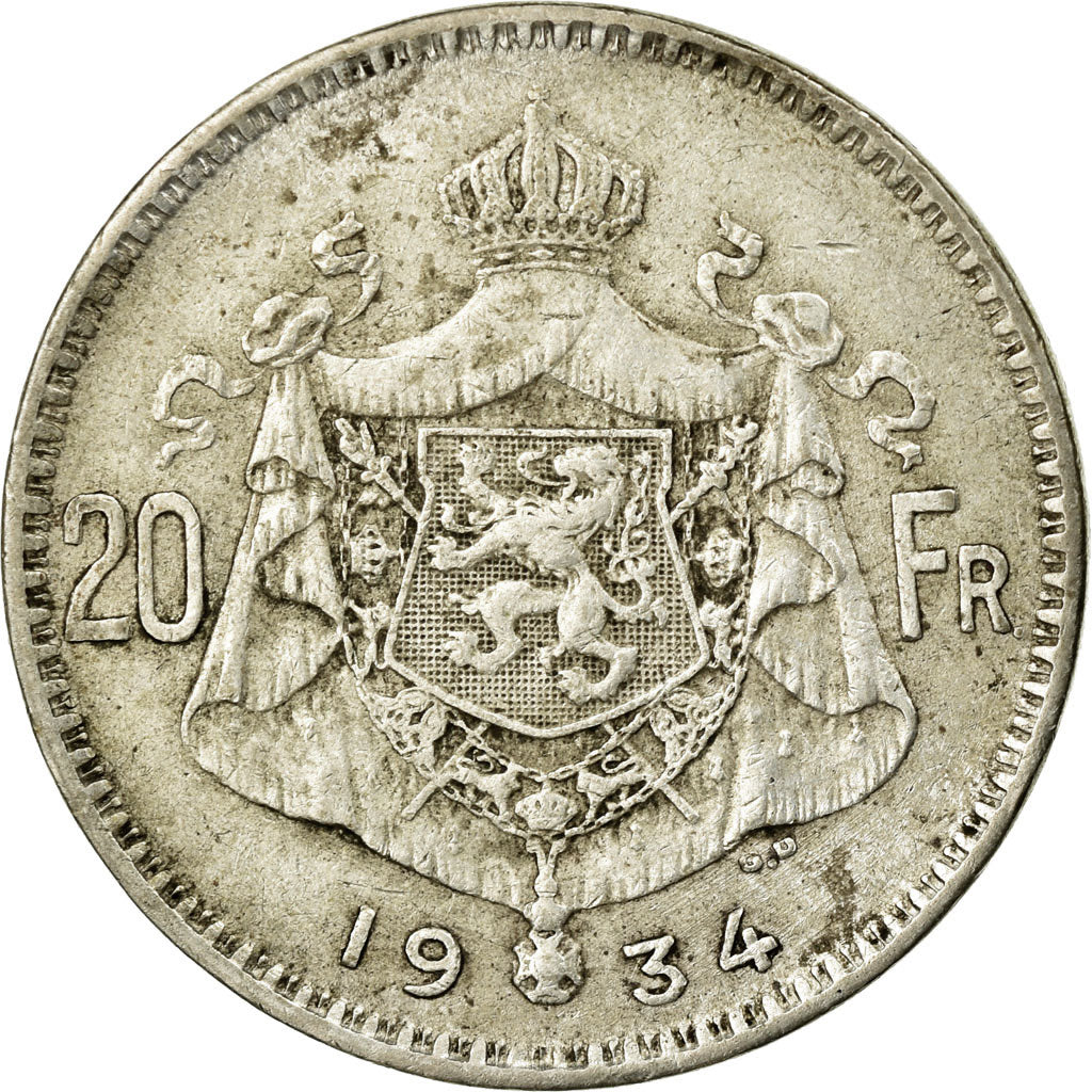 Coin, Belgium, 20 Francs, 20 Frank, 1934, EF(40-45), Silver, KM:104.1