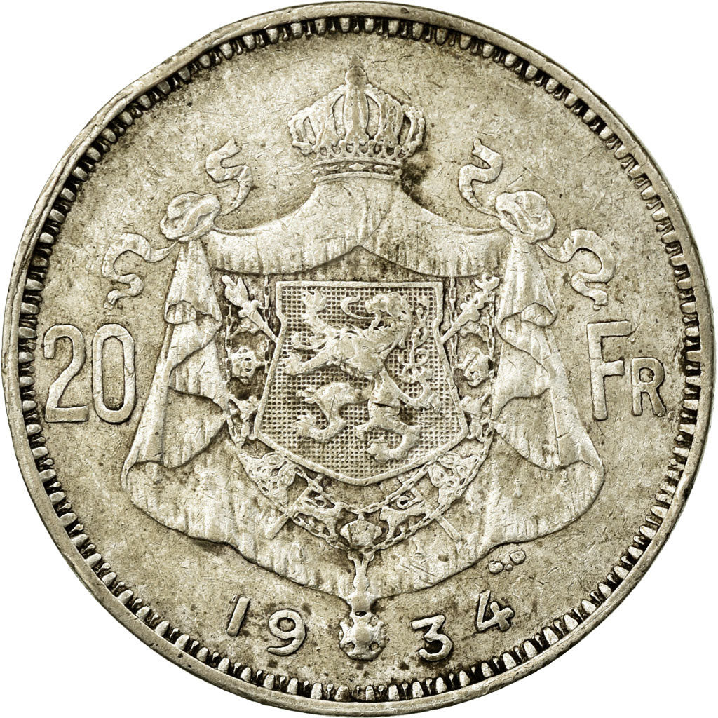 Münze, Belgien, 20 Francs, 20 Frank, 1934, S+, Silber, KM:104.1