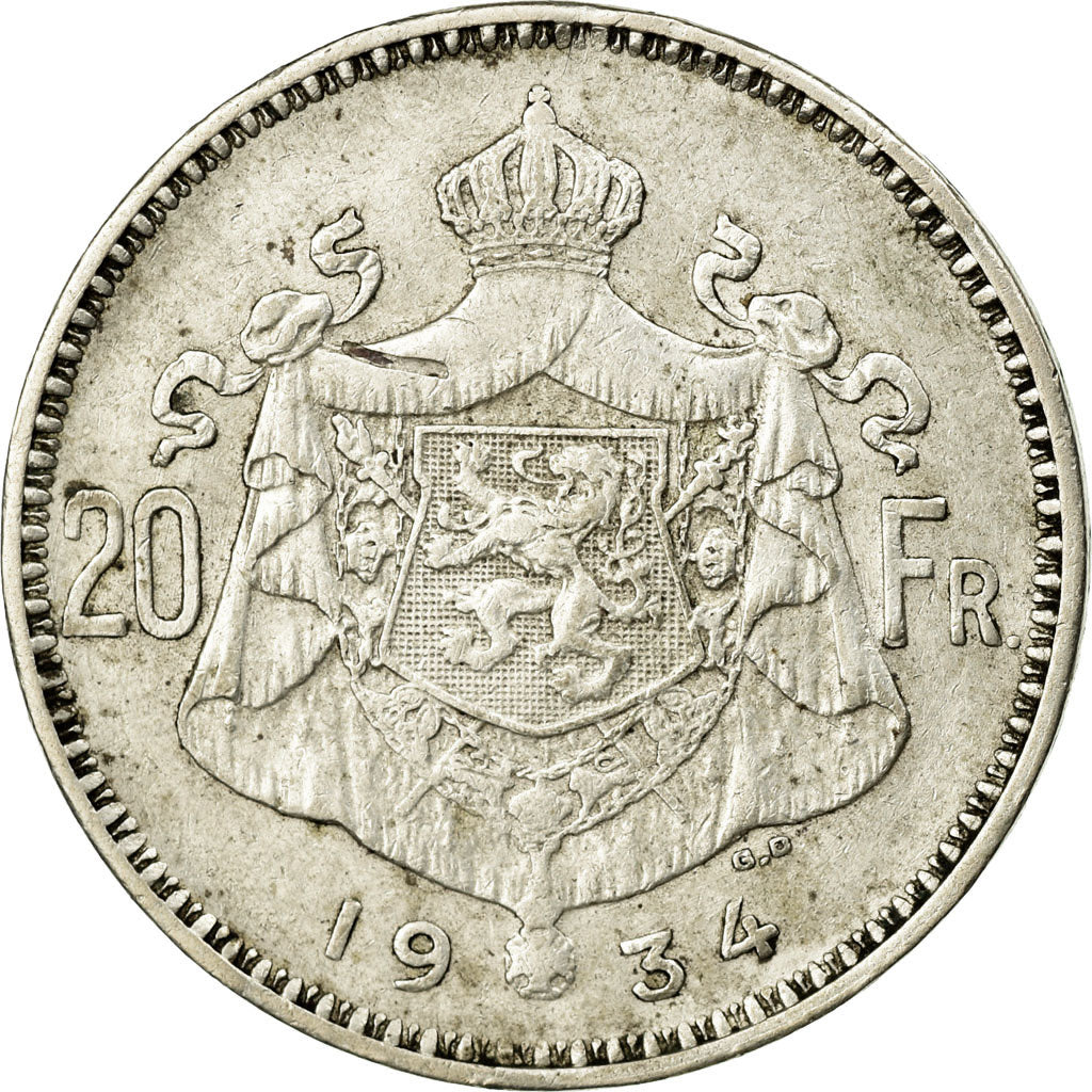 Coin, Belgium, 20 Francs, 20 Frank, 1934, EF(40-45), Silver, KM:104.1