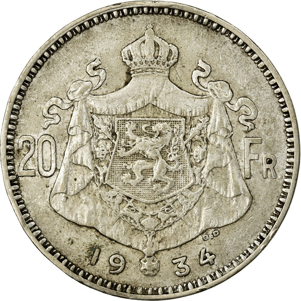 Moneta, Belgio, 20 Francs, 20 Frank, 1934, BB, Argento, KM:104.1