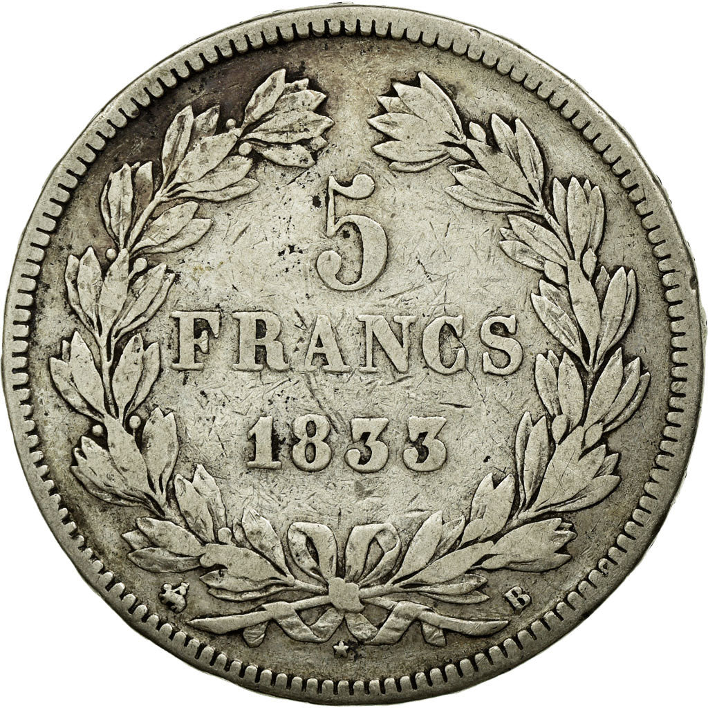 Coin, France, Louis-Philippe, 5 Francs, 1833, Rouen, VF(30-35), Silver